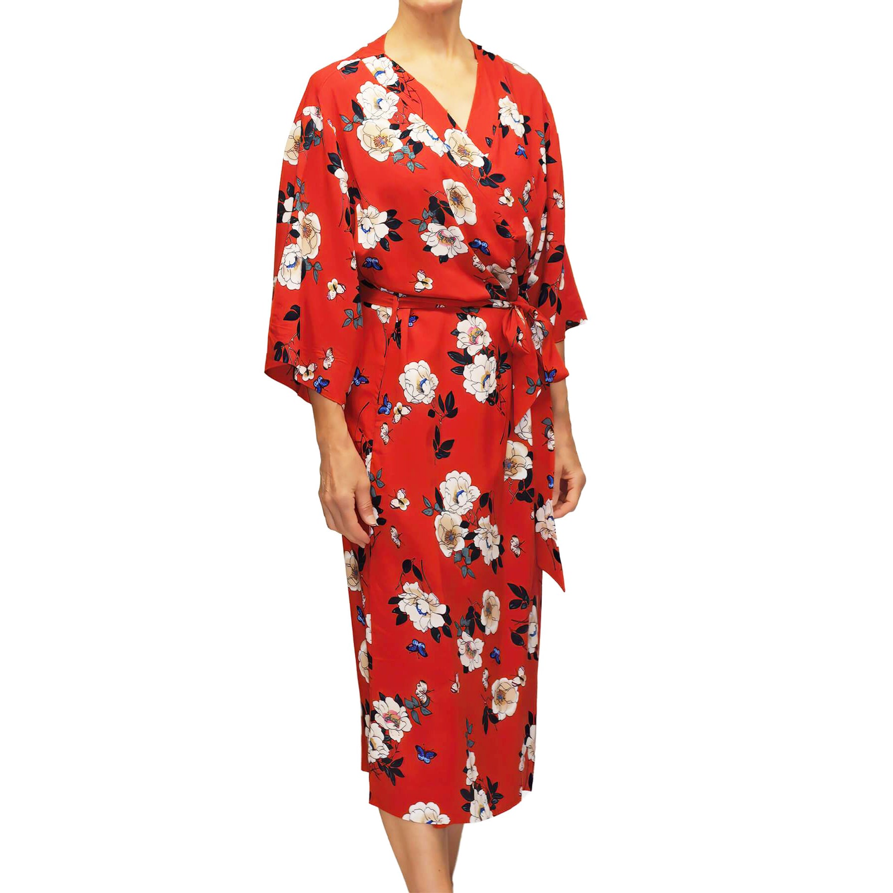 red floral print kimono maxi dress Red Floral Print Maxi Floral Kimono V-neck Kimono Sleeves Floral Print Belt Cotton Midi Dress CurveDream