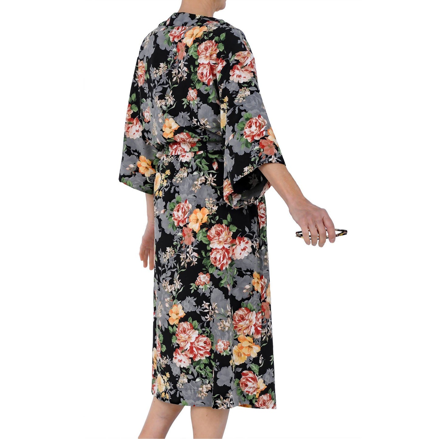 Long Black Ground Floral Print Robe Mystique Intimates