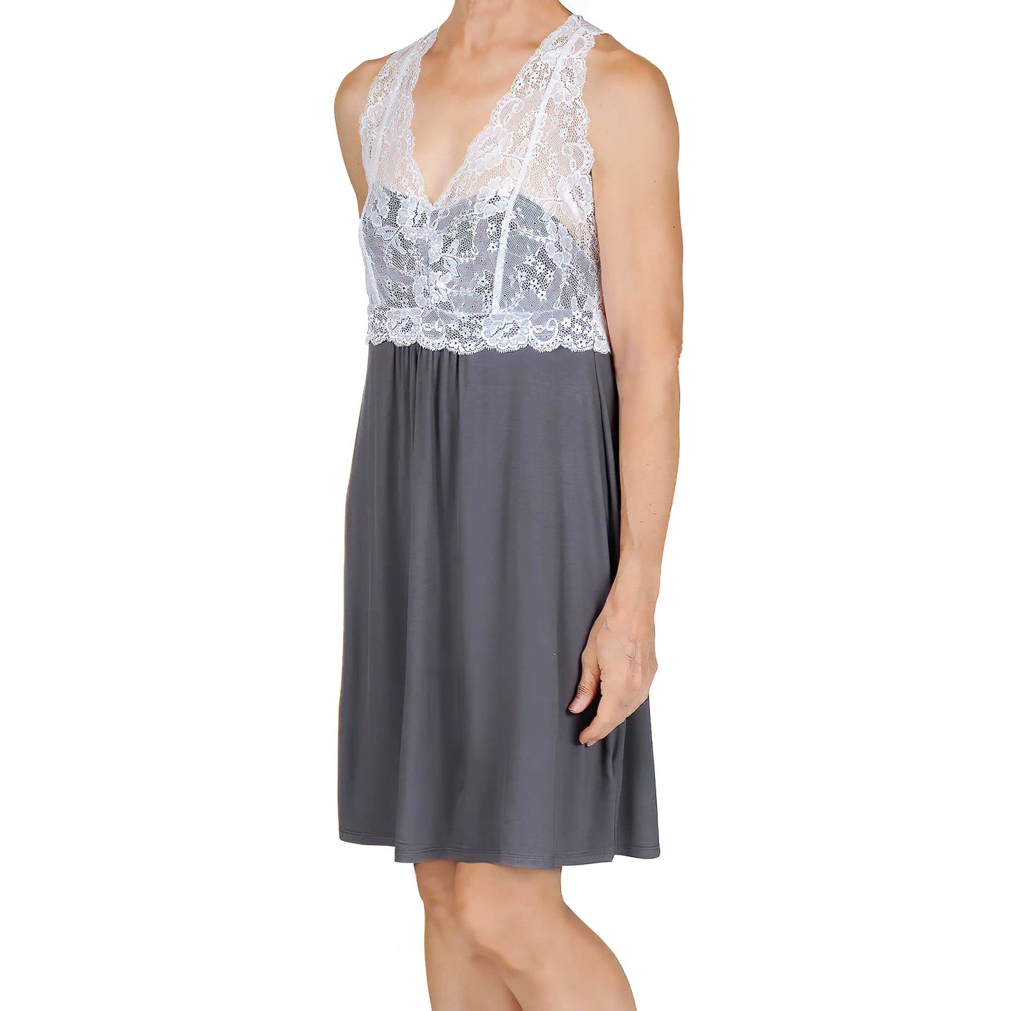 Catarina Knit Chemise Nightgown - Charcoal with White Lace Mystique Intimates