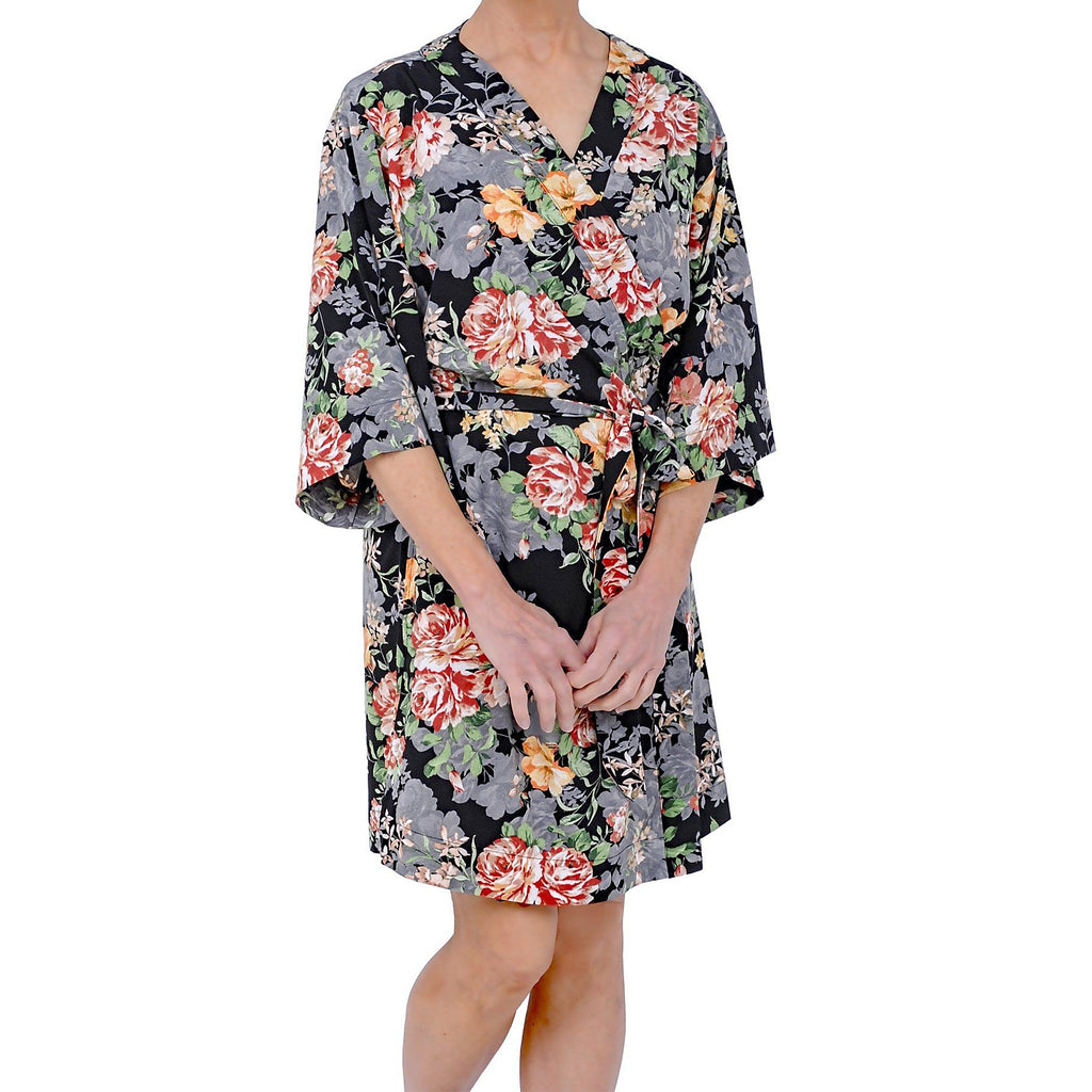 Short Black Ground Floral Print Wrap Robe Mystique Intimates