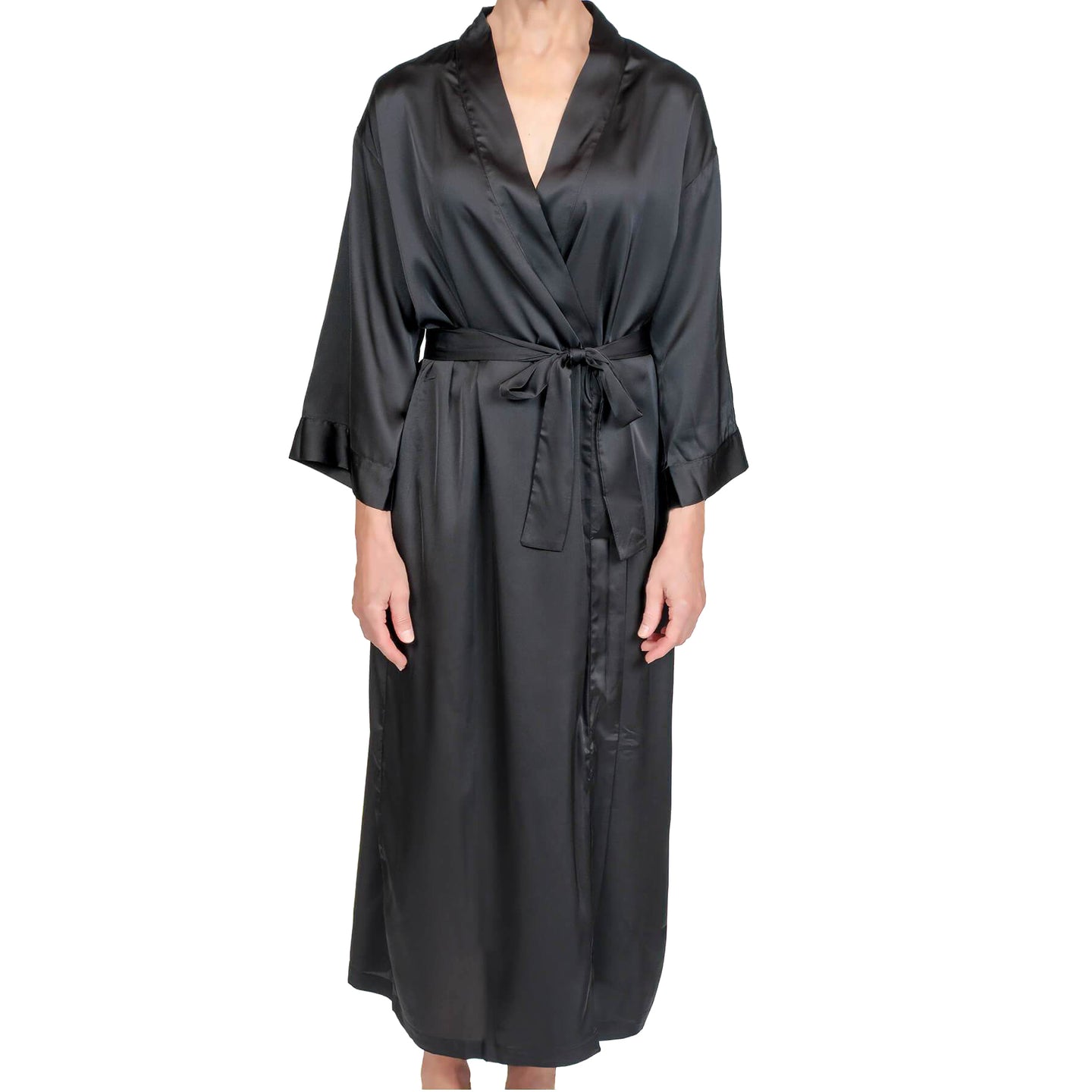 Raeanna Long Black Satin Robe #30583 – Mystique Intimates