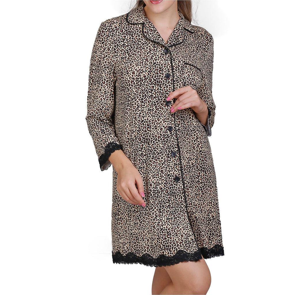 Leopard Print Sleepshirt with Lace Trim Mystique Intimates
